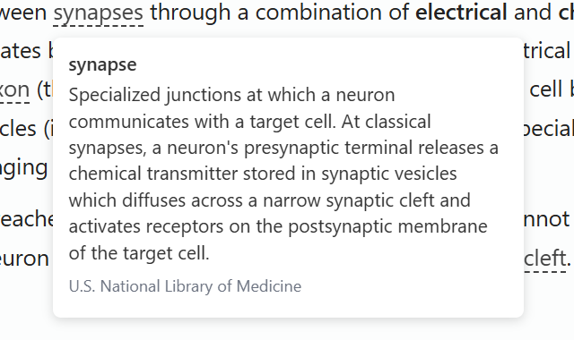 Inline medical definition card for the term synapse